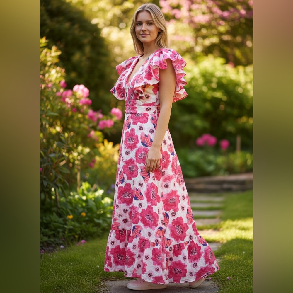 TCEC (M) Floral Pink V-Neck Ruffle Sleeve Midi Dress